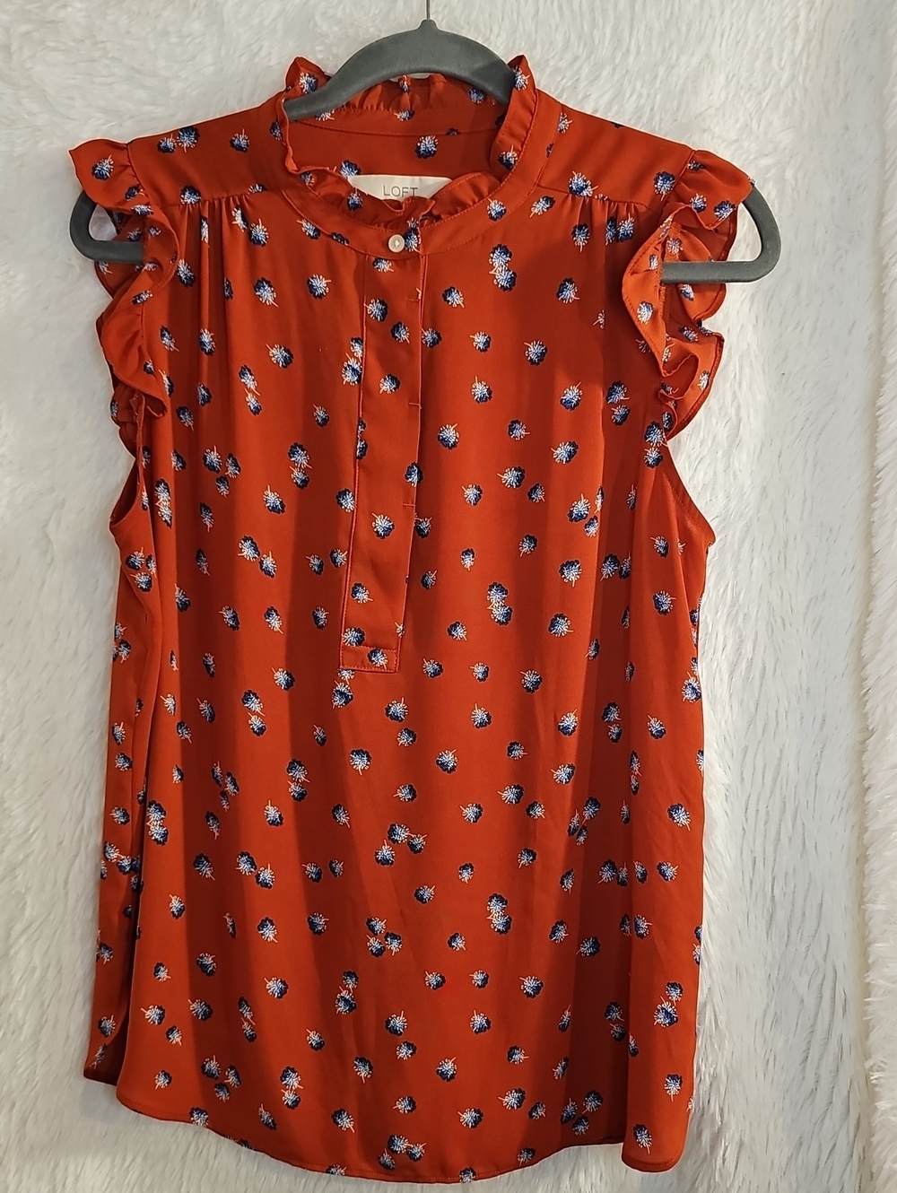 LOFT Red Floral Ruffle-Sleeve Sleeveless Blouse